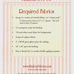 May include: A printed fabric pattern for a Patchwork Easter Egg Table Runner. The finished size is 31.75 cm x 134.62 cm. The required fabrics are listed, including colorful scraps and glitter fabrics.