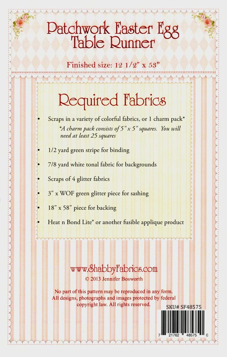 May include: A printed fabric pattern for a Patchwork Easter Egg Table Runner. The finished size is 31.75 cm x 134.62 cm. The required fabrics are listed, including colorful scraps and glitter fabrics.