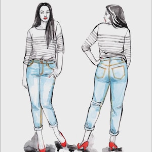 May include: Watercolor illustration of a woman in light blue boyfriend jeans and a striped shirt. The image includes the text "MORGAN" and "No. 07 Boyfriend Jeans". The Closet Core Patterns logo is at the bottom.