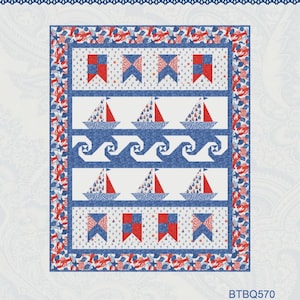 May include: A quilt pattern titled Ocean In Motion, PTN3592, featuring a nautical theme with sailboats, waves, and flags in red, white, and blue. The border displays lobsters and starfish. The Bound To Be Quilting logo and BTBQ570 are visible.
