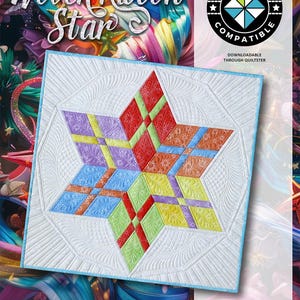 May include: A colorful quilt pattern titled "Woven Ribbon Star" featuring a star design in red, orange, yellow, green, blue, and purple. The quilt has a white border with intricate stitching and is labeled as "Quiltster Compatible".