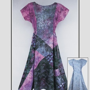 May include: A patchwork dress in shades of purple, green, and blue. The dress features a criss-cross design and optional ties. A smaller image shows a similar dress in blue. The text reads "Xceptional Patchwork Dress."