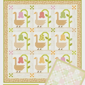 May include: A quilt pattern titled "Gertrude" featuring a repeating design of geese and bell-shaped flowers in shades of tan, pink, and green. Includes a bonus baby quilt layout. The design is set against a cream background.