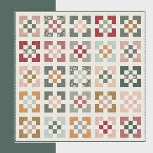 May include: A quilt pattern titled Front Street by Meghan Morris, featuring options for Crib, Throw, and Long Throw sizes. The design displays a grid of twenty-five square blocks in various floral and solid patterns in muted red, green, and tan.