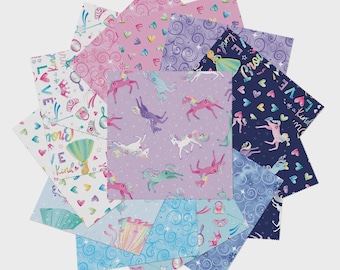 FAIRYTALE DREAMs 14 pc Fat Quarter Bundle | FQ BENARTEX | Purple Pink Unicorn Princess | Rusty
