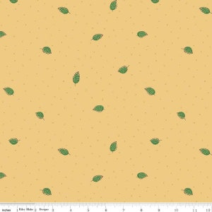 May include: A seamless pattern featuring a light yellow background with a repeating pattern of green leaves. The leaves are outlined in black and have a simple, hand-drawn style.