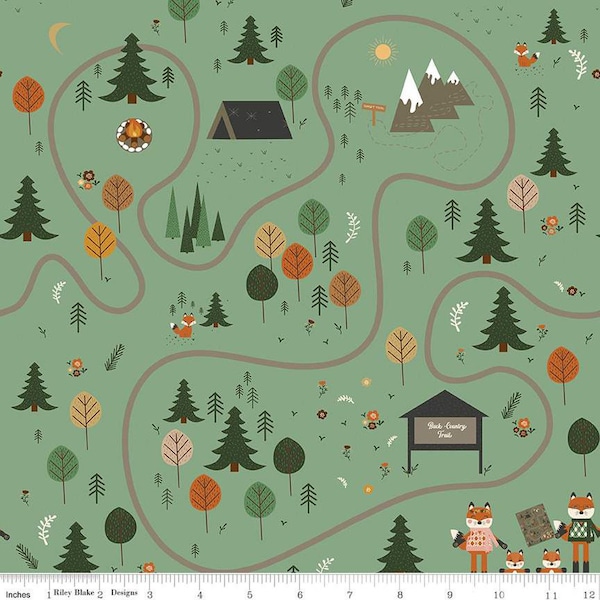 FOREST FRIENDS Main GREEN | Jennifer Long Riley Blake Designs | Outdoors Sweater Hiking Boots Mountains Woods Tent Leaves Fox Rusty