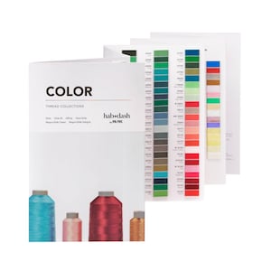 May include: A white booklet titled "COLOR THREAD COLLECTIONS" with color swatches and spools of thread. The booklet features the "hab+dash by FIL-TEC" logo. The thread spools are blue, pink, red, and gold.