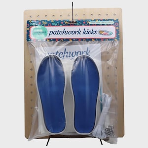 May include: A patchwork kicks essentials kit in a clear plastic bag containing two blue shoe insoles with white edges, a pair of white shoelaces, and a small bag of metal eyelets. The header card features the text patchwork kicks.