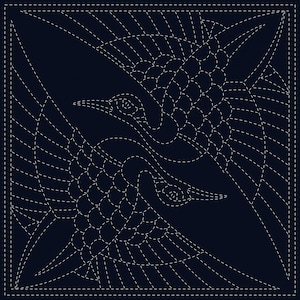 May include: A black and white image of two stylized birds with their wings spread out. The birds are outlined in white stitching on a dark blue background.