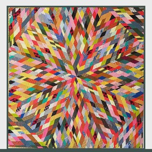 May include: A quilt pattern titled Prismatic Patchwork by Lindlee Smith, featuring a colorful geometric design of intersecting diamond shapes in various patterns and hues. The cover includes the text Plains & Pine, 72" X 72", and no Y seams.
