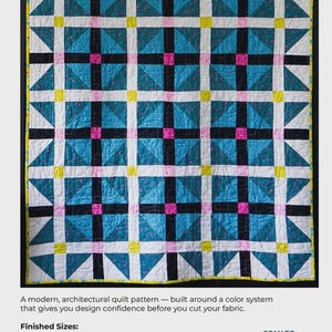 May include: The Vault Quilt pattern by Evann Creates features a grid design with teal, black, white, and pink fabric blocks. Text includes Vault Quilt Pattern by Evann Creates, finished sizes from 40.25 inches by 50.75 inches to 69 inches by 87 inches, and a QR code.