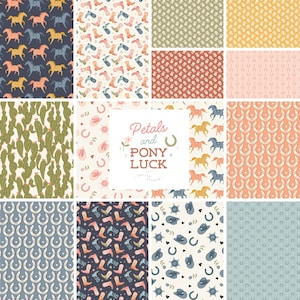 May include: A collection of twelve patterned designs with a western theme. Patterns include horses, cowboy boots, cacti, horseshoes, and cowboy hats in various colors. The image includes the text "Petals and Pony Luck".