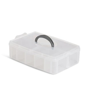 May include: A clear plastic storage box with a gray handle. The box has multiple compartments for organizing small items.