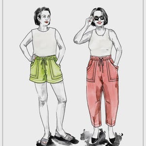 May include: Watercolor illustration of two figures wearing clothing. One figure wears green shorts, the other wears pink pants. Both figures wear white tank tops. The text "SEPIA" and "No. 41 PANTS + SHORT" are at the top. The text "Closet Core PATTERNS" is at the bottom.