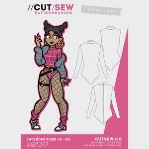 May include: A fashion illustration and patternmaking guide. The image features a cartoon of a woman in a pink bodysuit, fishnet stockings, and boots. The text reads "//CUT/SEW PATTERNMAKING" and "INCLUDES SIZES XS - 3XL". The website address is "CUTSEW.CO".
