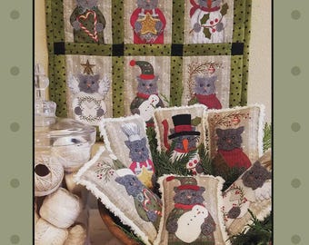 Meowy Christmas Bowl Fillers Pattern | ATN1801 | Bonnie Sullivan All Through The Night | Pre-Printed Christmas Wool Applique | Rusty