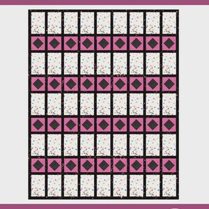 May include: A quilt pattern titled park it featuring a grid layout of white rectangular blocks with colorful confetti-like specks, alternating with rows of pink squares containing black diamonds, all framed by a black border on a light background.