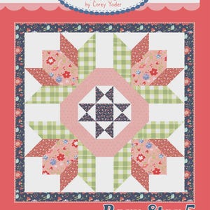 May include: A quilt pattern titled "Barn Star 5" by Coriander Quilts. The quilt design features a central star motif with floral and gingham patterns in shades of pink, green, and red, framed by a floral border on a red background.