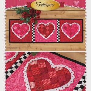 May include: Patchwork accent runner with Valentine's Day theme. The runner features three heart-shaped designs in shades of red and pink, with a white scalloped border. The design includes the text "Valentine February".
