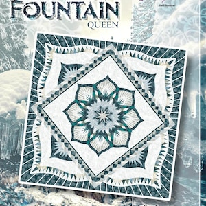 May include: A quilt pattern titled "Frozen Fountain Queen" with a central geometric design in shades of white, teal, and gray. The pattern features a starburst design and is framed by a teal border. The Free Spirit and Quiltworx logos are also visible.