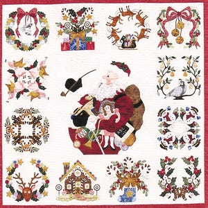 May include: A Christmas-themed quilt with a white background and a red border. The quilt features various holiday designs, including wreaths, Santa Claus, reindeer, and a gingerbread house. The quilt is a patchwork design.