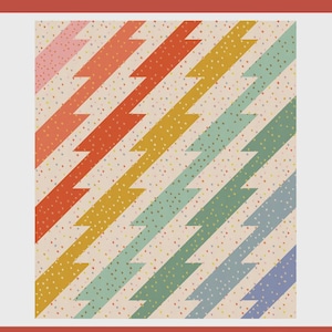 May include: A quilt pattern titled electric storm featuring diagonal lightning bolt shapes in pink, red, yellow, and green on a cream background with multicolored speckles. The design includes the text allison ramsing and pattern - 002.
