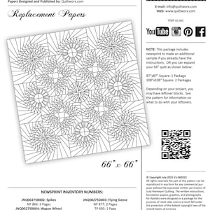 May include: A black and white quilt pattern titled "Riptides" with a repeating geometric design. The pattern is 66" x 66" and includes newsprint inventory numbers. The Quiltworx.com logo and contact information are also visible.