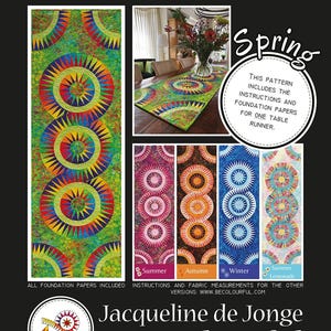 May include: A colorful quilt pattern featuring circular designs in various colors, with the text "The Four Seasons" and "Spring." The image includes a table runner and additional seasonal variations. The pattern includes instructions and foundation papers for one table runner.