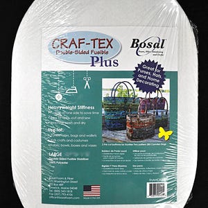 May include: CRAF-TEX Double-Sided Fusible Plus stabilizer for crafts. The package includes a large, white, round sheet of 100% polyester stabilizer. It is heavyweight and can be used for purses, bags, wallets, kids' crafts, and fabric bowls.