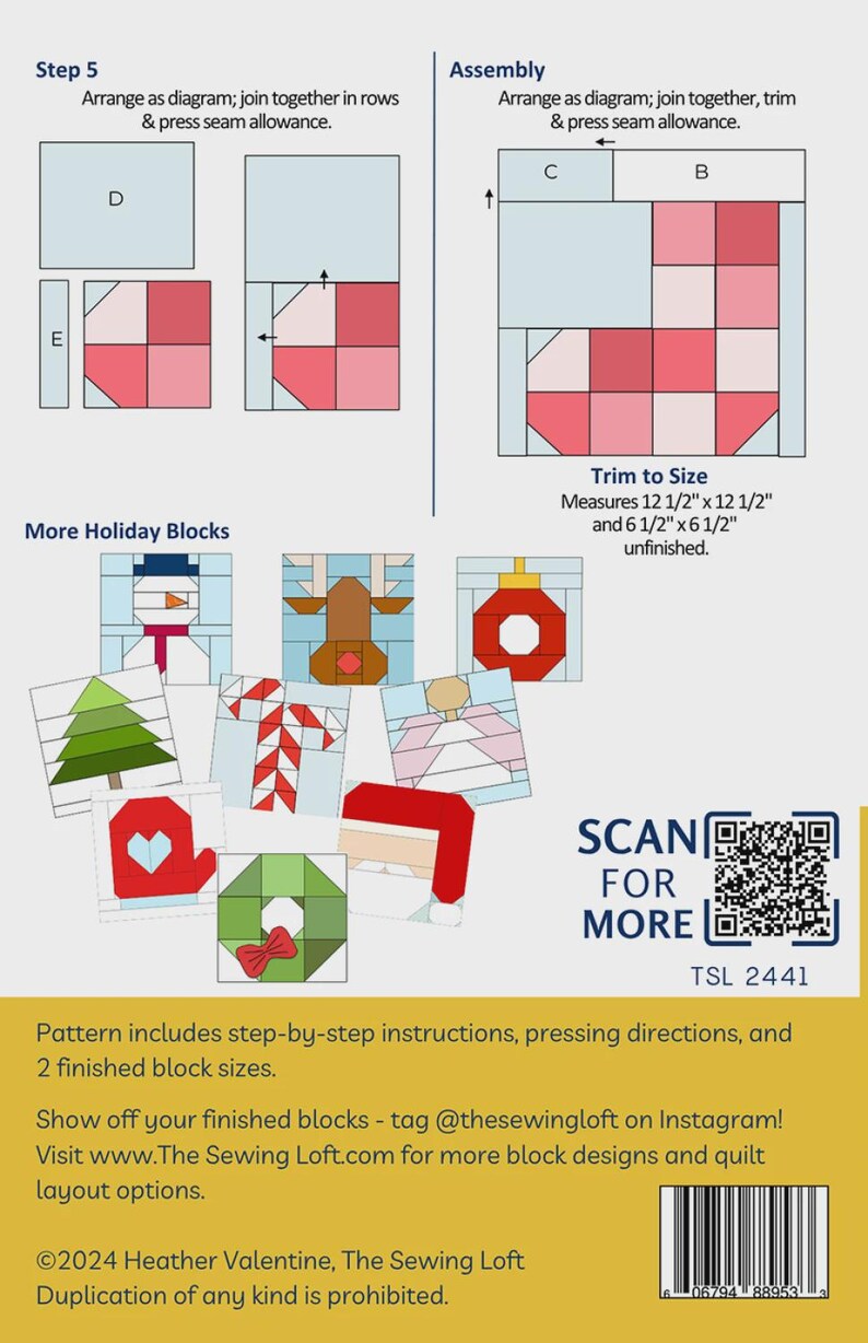 May include: A sewing pattern instruction sheet featuring diagrams for block assembly, including steps for trimming to 12 1/2 inches by 12 1/2 inches and 6 1/2 inches by 6 1/2 inches. It displays various holiday-themed quilt block designs.