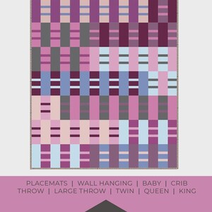 May include: A quilt pattern titled "RUBY SUE" by Brittany Lloyd. The design features a geometric pattern in shades of purple, gray, and blue. The pattern is suitable for placemats, wall hangings, baby quilts, crib throws, and larger sizes.