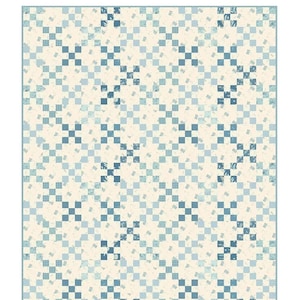 May include: A quilt pattern titled "Summer Nine Patch" by Laundry Basket Quilts. The quilt design features a repeating pattern of blue and white squares. The finished quilt size is 39.5" x 48.5".