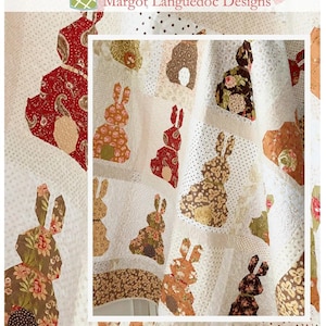 May include: A quilt featuring a repeating pattern of bunny silhouettes in various floral and paisley fabrics. The bunnies are in shades of brown, red, and orange against a white background. The text "Country Bunnies" is at the bottom.