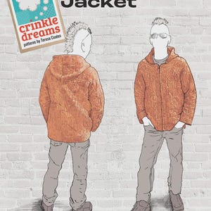 May include: A sewing pattern titled The Journeyman Jacket by crinkle dreams patterns by Teresa Coates. The illustration shows a hooded, textured orange jacket worn with gray pants, displayed from both the back and front views on a brick background.