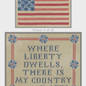 May include: Cross-stitch pattern featuring two designs. The top design is an American flag in red, white, and blue. The bottom design features the quote "Where liberty dwells, there is my country" by B. Franklin.