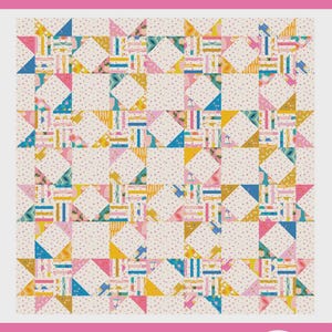 May include: A quilt pattern titled joyful sawtooth stars featuring a grid of star blocks in pink, yellow, blue, and white with a polka dot background. The text reads a fat quarter and scrap friendly quilt pattern pattern - 027 and allison ramsing.