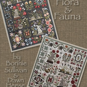 May include: Two square quilts titled Flora & Fauna by Bonnie Sullivan & Dawn Heese. One quilt features a dark charcoal background, the other a white background. Both display appliquéd motifs of rabbits, snails, turtles, bees, and flowers.