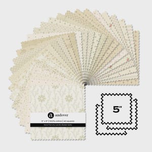 May include: A charm pack of 42 square fabric pieces, each measuring 5 inches by 5 inches. The collection features various cream and beige patterns, including floral, geometric, and striped designs, all with pinked edges and 100% cotton labels.