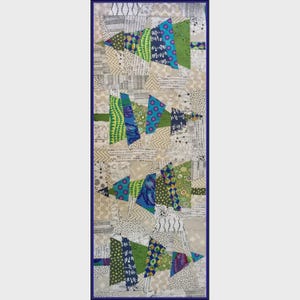 May include: A rectangular textile art piece with a dark blue border. The artwork features several abstract Christmas tree shapes in shades of green, blue, and patterned fabrics. The background is a mix of neutral tones with various textures.