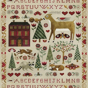 May include: A whimsical illustration featuring a red brick house with a chimney, a deer, a squirrel, a raccoon, a fox, and a bird. The illustration is surrounded by a border of hearts, flowers, and butterflies. The alphabet is displayed twice in red letters at the top and bottom of the image.
