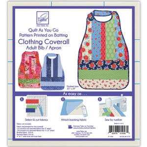 May include: A package for a quilt-as-you-go clothing coverall adult bib/apron. The coverall is a patchwork design with floral and geometric patterns. Finished size is 25" x 39". Instructions include cutting fabric, attaching backing, and sewing by number.