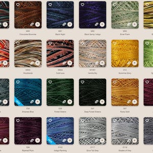 May include: A grid of yarn skeins in various colors, including green, blue, brown, and gold. Each skein is labeled with a name and a code. The yarn appears to be soft and suitable for knitting or crochet projects.