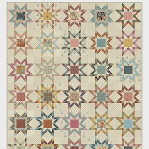 May include: A quilt pattern titled "Country Star" by Laundry Basket Quilts. The design features a repeating star pattern in various colors, including beige, blue, pink, and orange. The quilt size is 60.5" x 72.5".