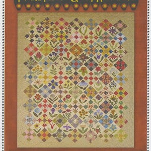 May include: A colorful quilt with a floral design, featuring a variety of flowers in a diamond pattern. The quilt is 34" x 42" and is inspired by Florence Peto's quilt. The text "Primitive Gatherings" is at the top.