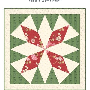 May include: A pillow pattern titled "Alaskan Star" with a pieced design. The pillow cover size is 19" x 19". The design features a central star with red floral print and cream-colored triangles, set against a green and cream background.