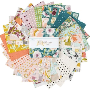 May include: A collection of 42 fat quarter fabric squares in a variety of floral, geometric, and patterned designs. The fabrics feature a color palette of teal, pink, yellow, white, and black. The fabric squares are arranged in a fan shape and include a label that reads "Blossom Lane"