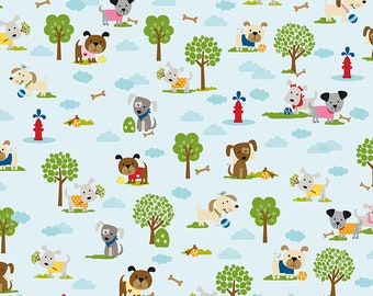 Tissu principal Cooper AQUA BTY BTHY | Chien Chiot Os pour chien Laisse Pattes Arbres du parc| Stéphanie Smokovich, boulevard Bella | Créations Riley Blake