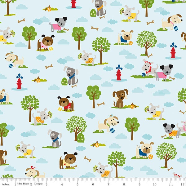 Cooper Main AQUA Fabric BTY BTHY | Dog Puppy Dog Bones Leash Paws Park Trees| Stephanie Smokovich Bella Blvd | Riley Blake Designs