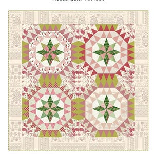 May include: A pieced quilt pattern titled "Noel Star" by Laundry Basket Quilts. The quilt features four starburst designs in red, green, and pink, set against a cream background. The quilt measures 60.5 inches by 60.5 inches.